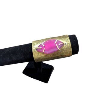 vintage hammered brass cuff bracelet pink agate geode slice boho statement